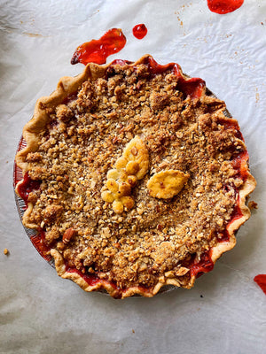 Strawberry Peach Almond Crumble Pie